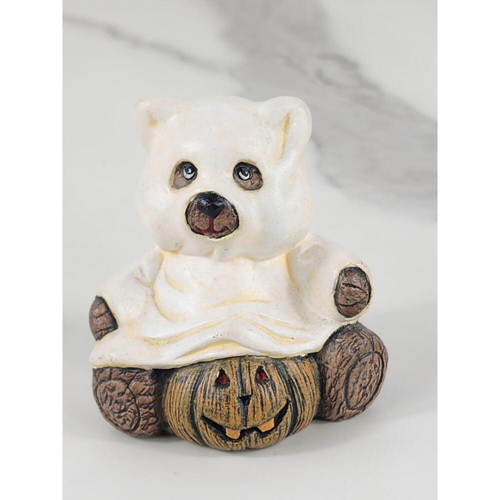 Halloween Mini Ghost Bear 2 1/2" Figurine w/ Pumpkin Ceramic 80s Vintage
